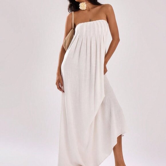 White Casual Women's Bandeau Loose Fit Pleated Maxi Dress Vacation - Picture 5 of 5